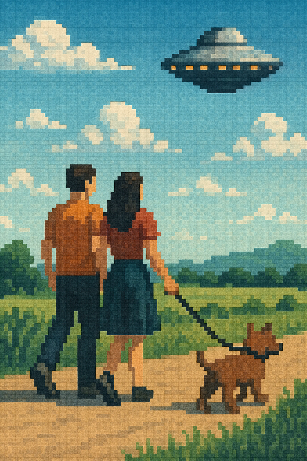 Pixel art illustration of a couple walking their dog under a UFO, for Martha's Vineyard dog walking service